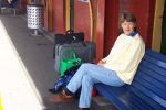 Cathy waiting at Newcastle station for train to Sydney July 20 2005.jpg